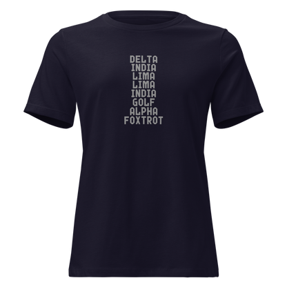 "DILLIGAF" printed on a navy on an invisible / simulated body