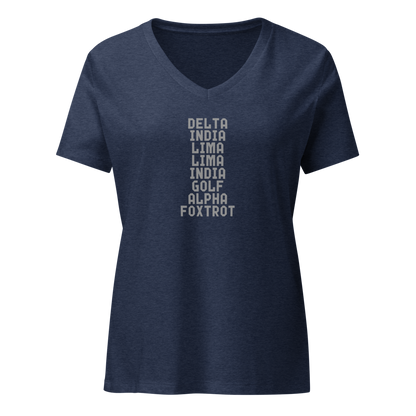 "DILLIGAF" printed on a heather navy on an invisible / simulated body