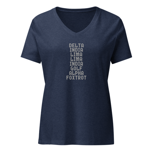 "DILLIGAF" printed on a heather navy on an invisible / simulated body