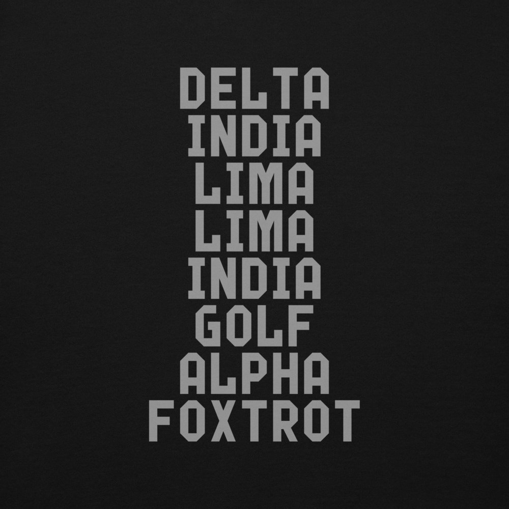 "DILLIGAF" printed on a black background