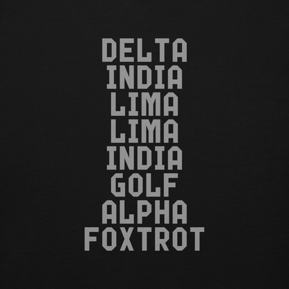 "DILLIGAF" printed on a black background