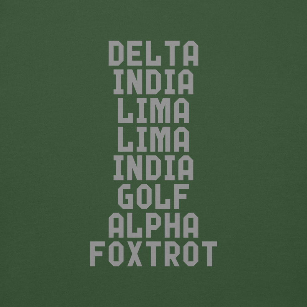 "DILLIGAF" printed on a forest green background