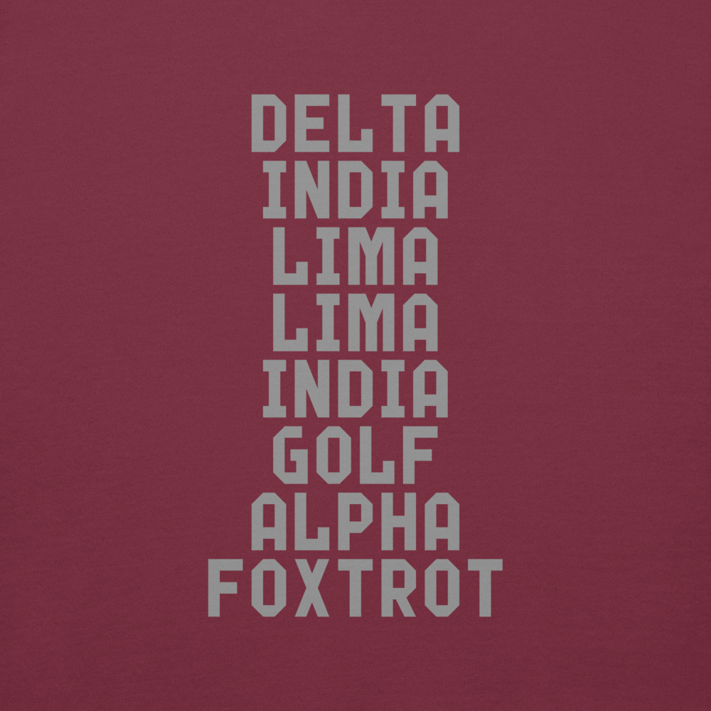 "DILLIGAF" printed on a maroon background