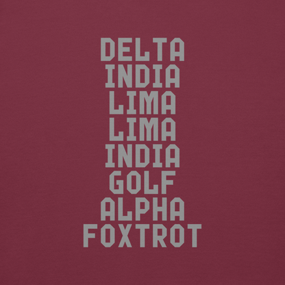 "DILLIGAF" printed on a maroon background