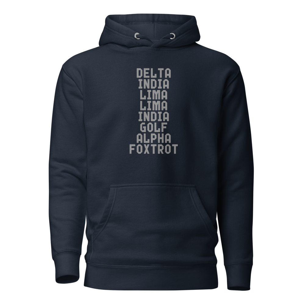 "DILLIGAF" printed on a navy blazer on an invisible / simulated body