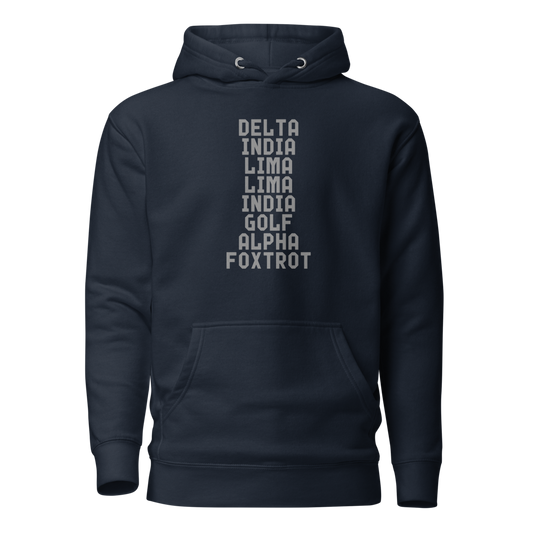 "DILLIGAF" printed on a navy blazer on an invisible / simulated body