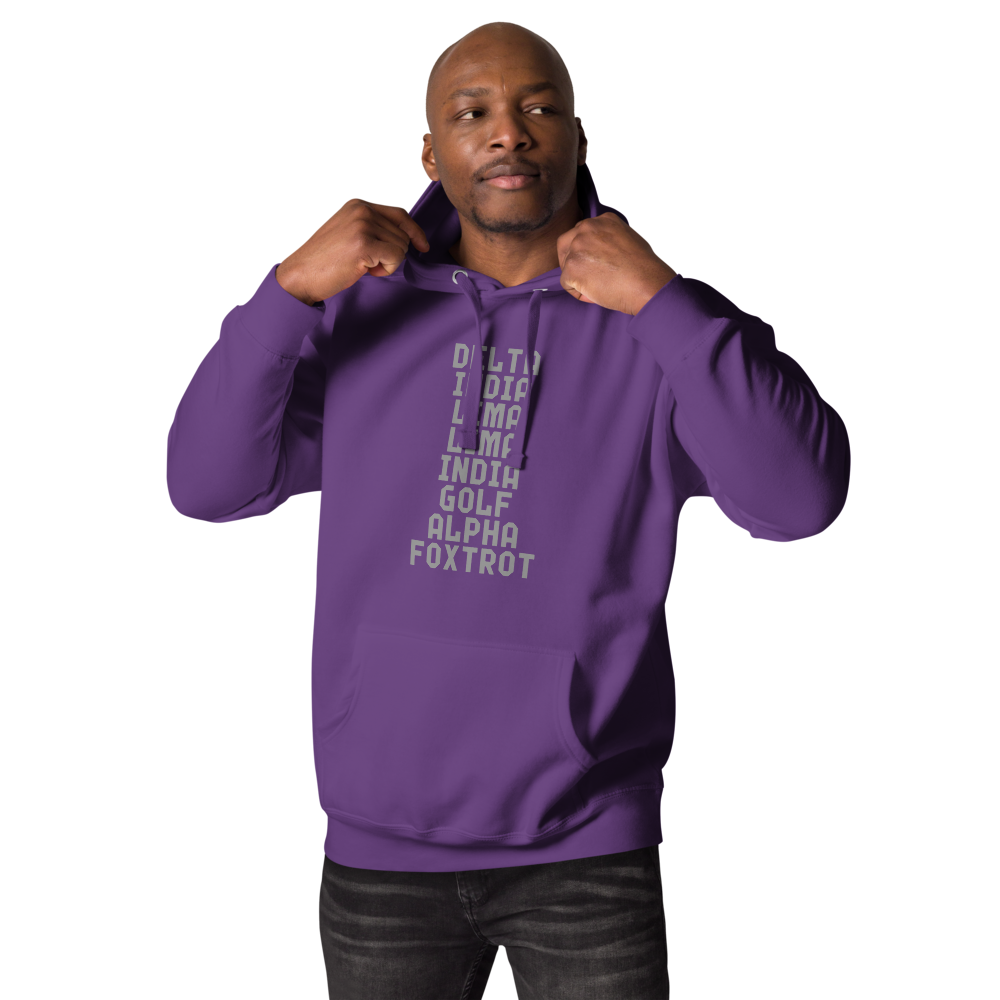 "DILLIGAF" printed on a purple unisex hoodie worn by a male