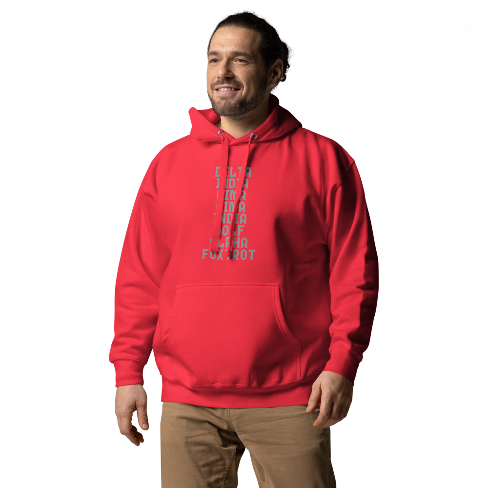 "DILLIGAF" printed on a team red unisex hoodie worn by a male