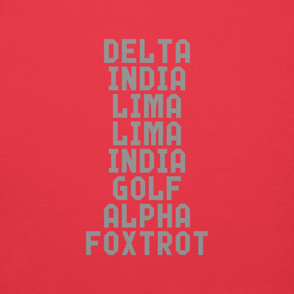 "DILLIGAF" printed on a team red background