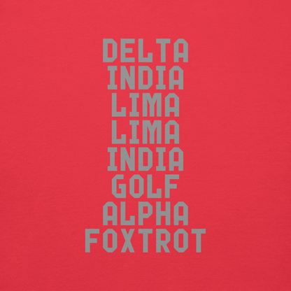 "DILLIGAF" printed on a team red background