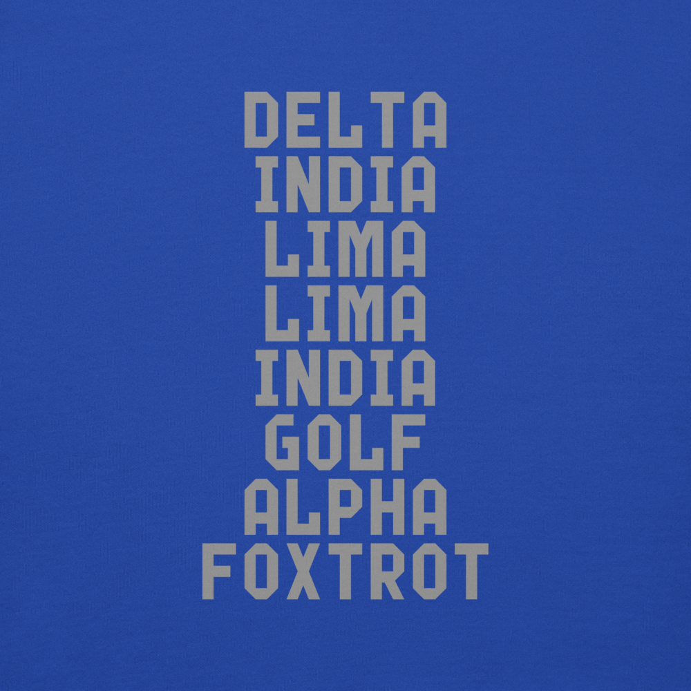 "DILLIGAF" printed on a team royal background