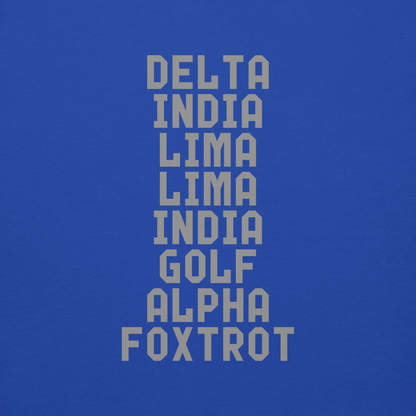 "DILLIGAF" printed on a team royal background
