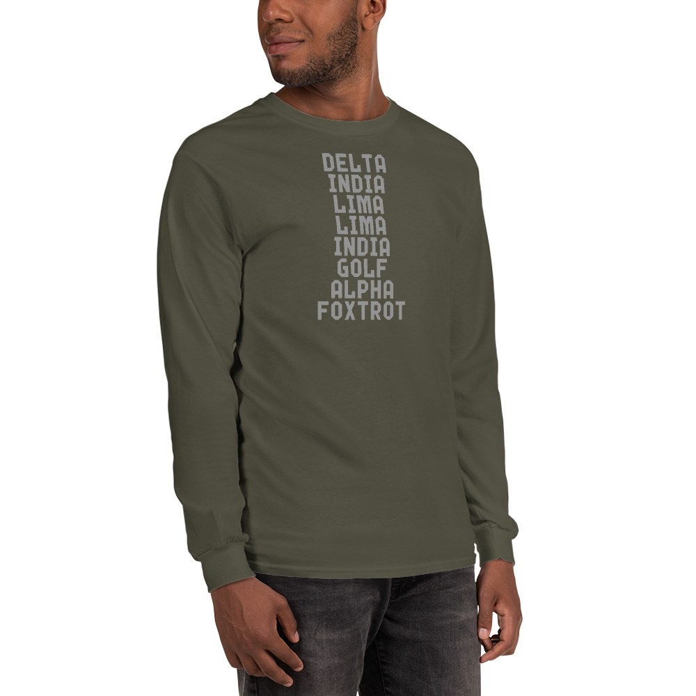 "DILLIGAF" printed on a military green men's long sleeve shirt worn by a male