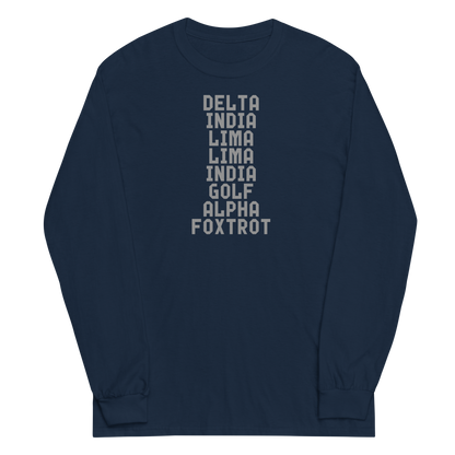 "DILLIGAF" printed on a navy men's long sleeve shirt laying on a flat surface