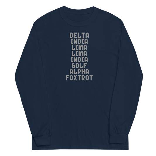 "DILLIGAF" printed on a navy men's long sleeve shirt laying on a flat surface