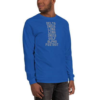"DILLIGAF" printed on a royal men's long sleeve shirt worn by a male