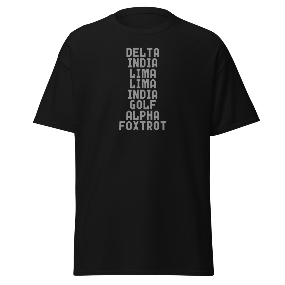 "DILLIGAF" printed on a black on an invisible body