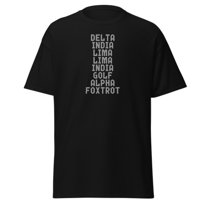 "DILLIGAF" printed on a black on an invisible body