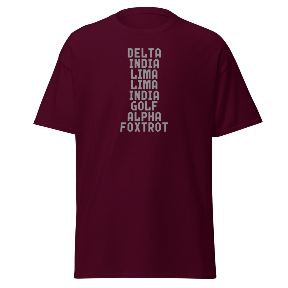 "DILLIGAF" printed on a maroon on an invisible body