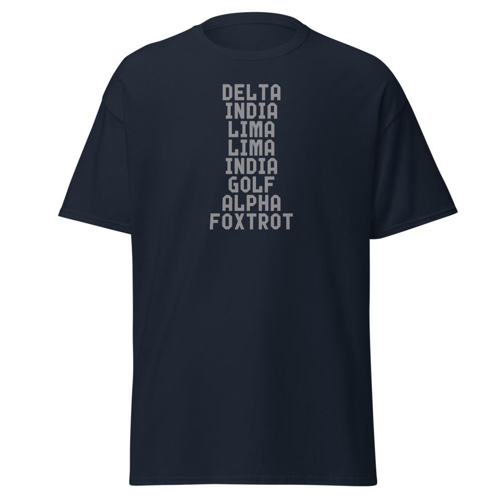 "DILLIGAF" printed on a navy on an invisible body