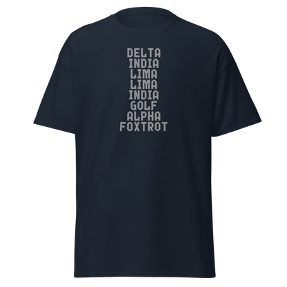 "DILLIGAF" printed on a navy on an invisible body