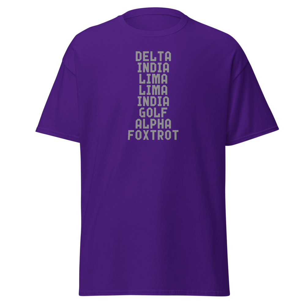 "DILLIGAF" printed on a purple on an invisible body