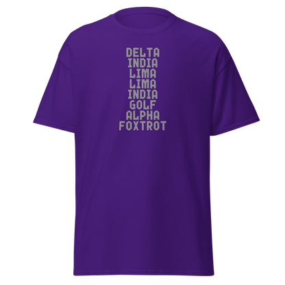 "DILLIGAF" printed on a purple on an invisible body