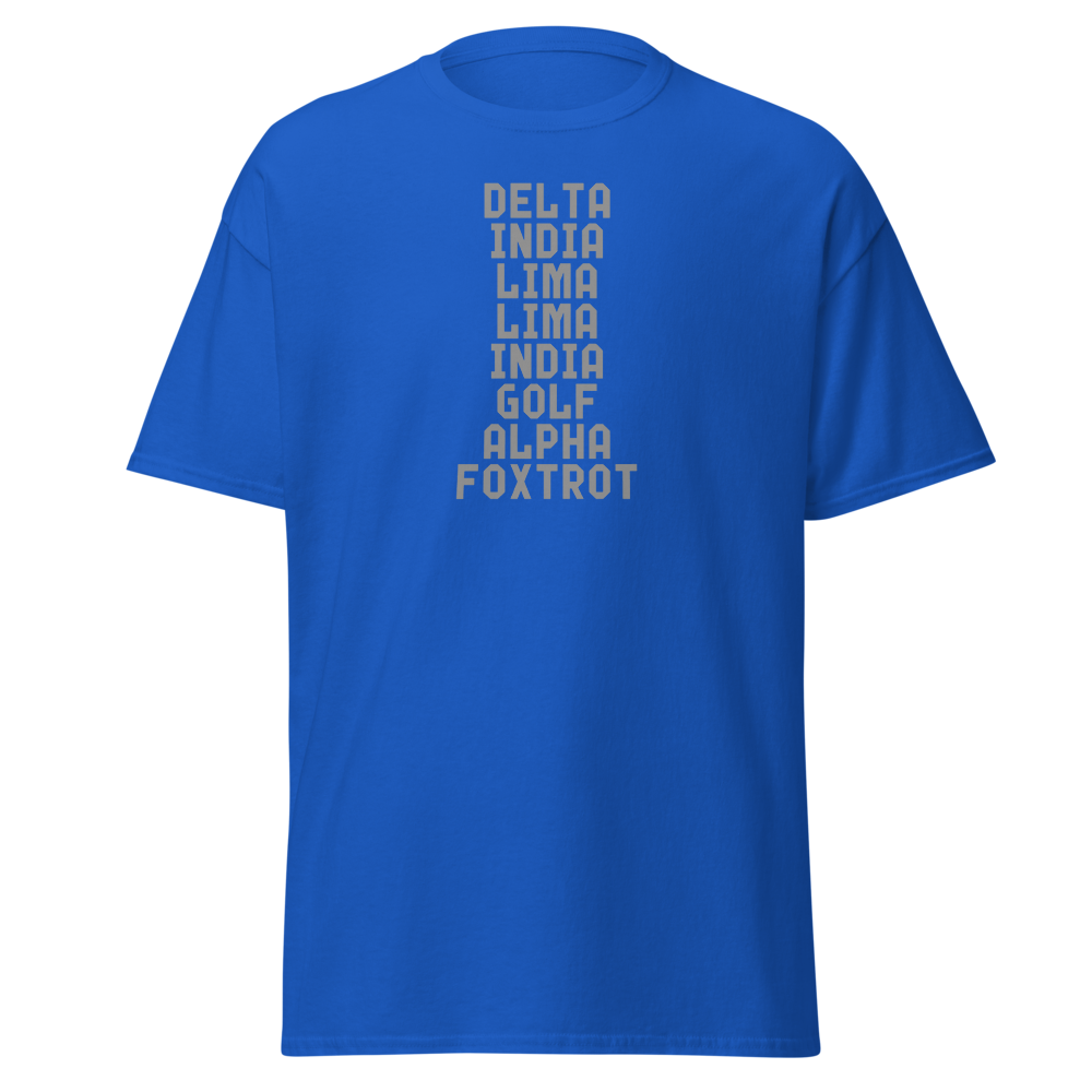 "DILLIGAF" printed on a royal on an invisible body