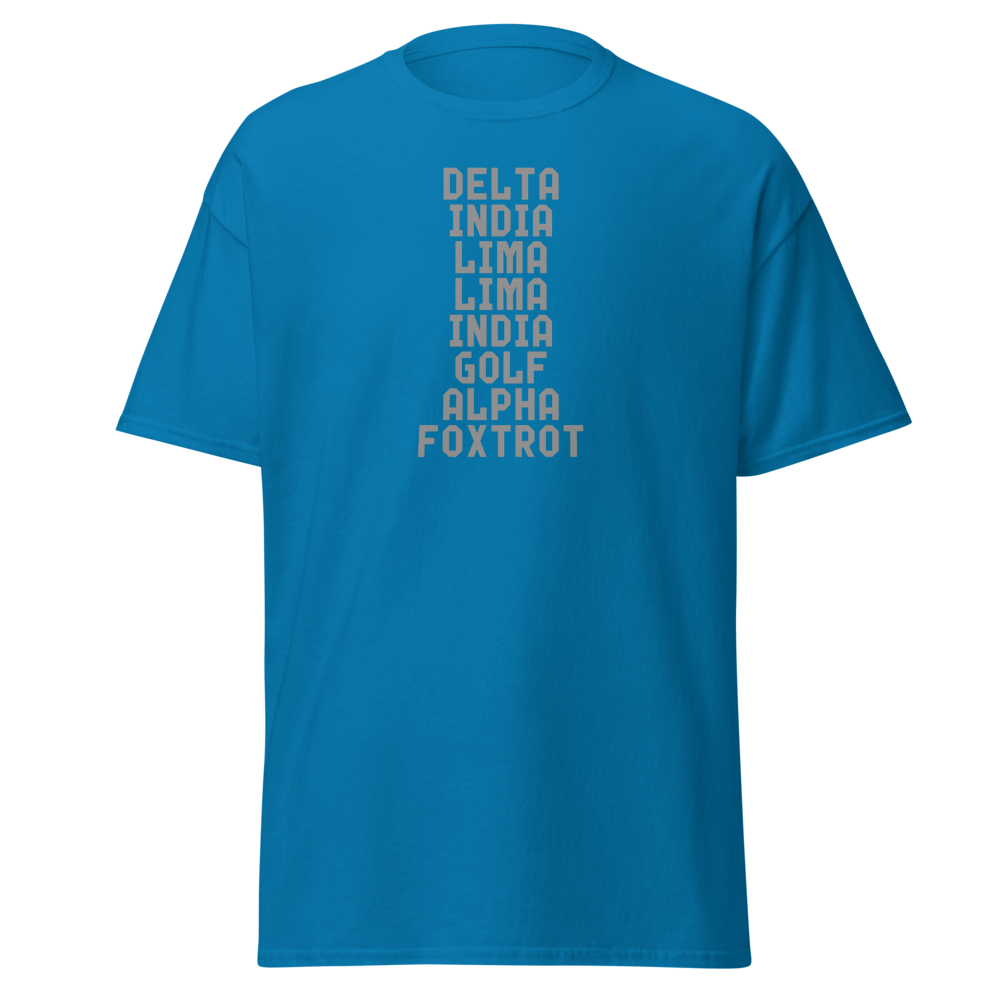 "DILLIGAF" printed on a sapphire on an invisible body