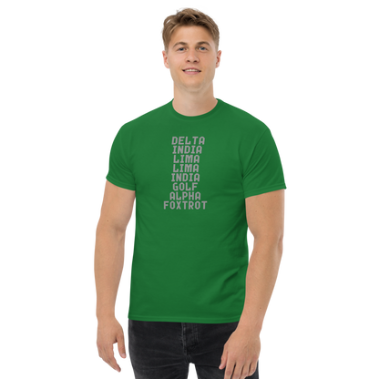 "DILLIGAF" printed on a turf green unisex classic tee worn by a male