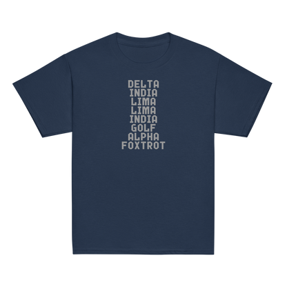 "DILLIGAF" printed on a navy youth classic tee laying on a flat surface