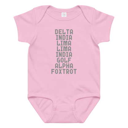 "DILLIGAF" printed on a pink baby jersey bodysuit laying on a flat surface amongst other clothes