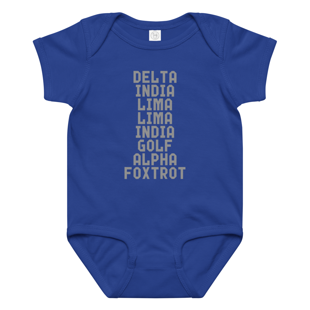 "DILLIGAF" printed on a royal baby jersey bodysuit laying on a flat surface amongst other clothes
