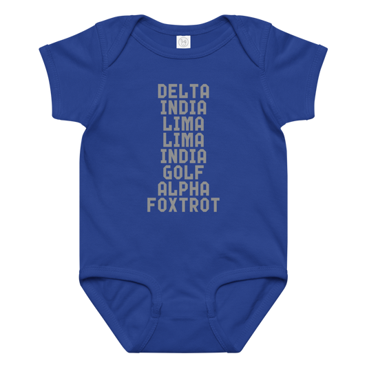 "DILLIGAF" printed on a royal baby jersey bodysuit laying on a flat surface amongst other clothes