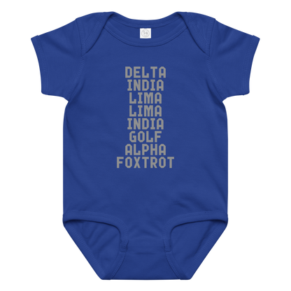 "DILLIGAF" printed on a royal baby jersey bodysuit laying on a flat surface amongst other clothes