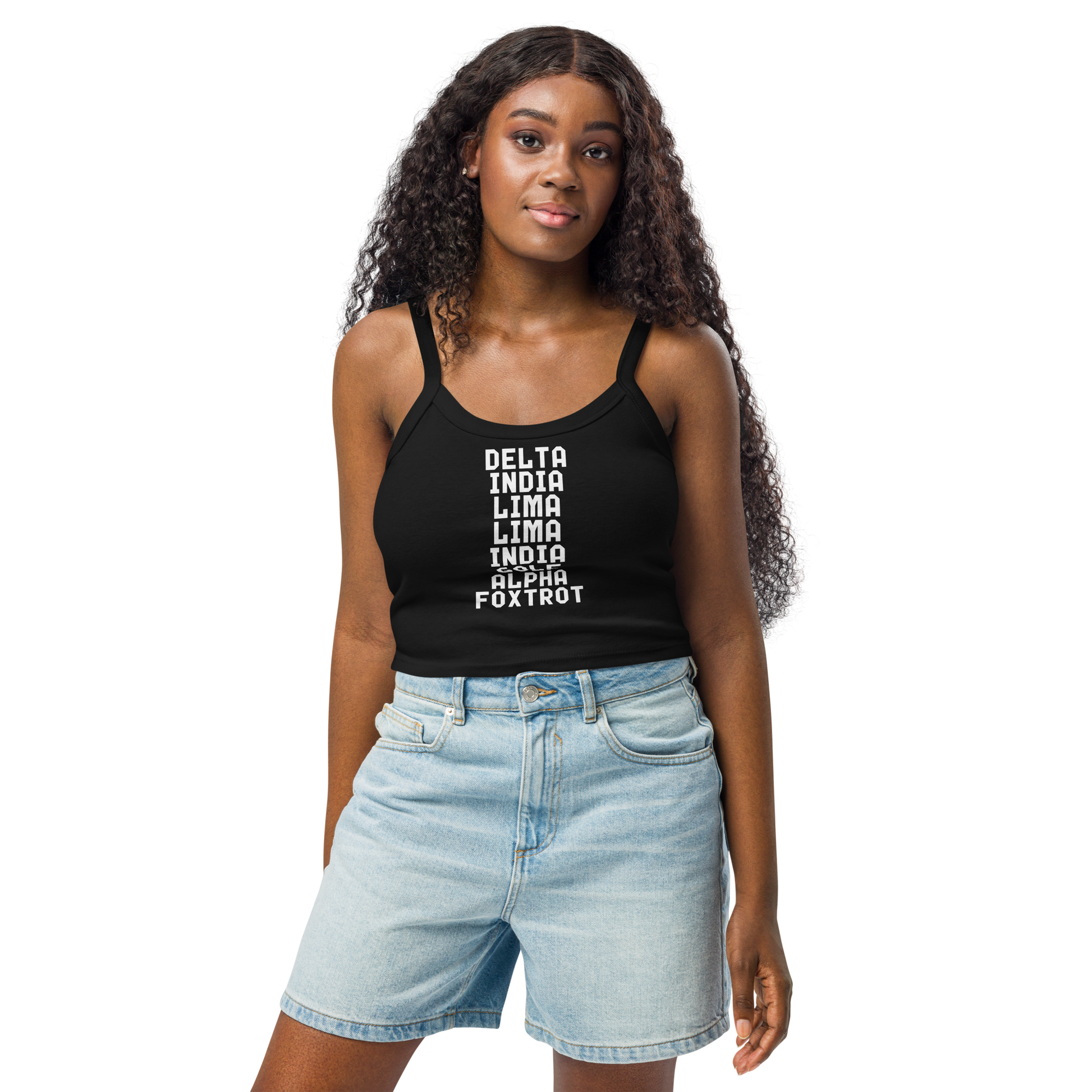 "DILLIGAF" printed on a solid black blend women's micro-rib tanktop worn by a female