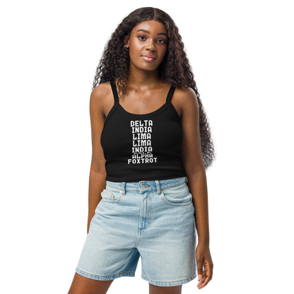 "DILLIGAF" printed on a solid black blend women's micro-rib tanktop worn by a female