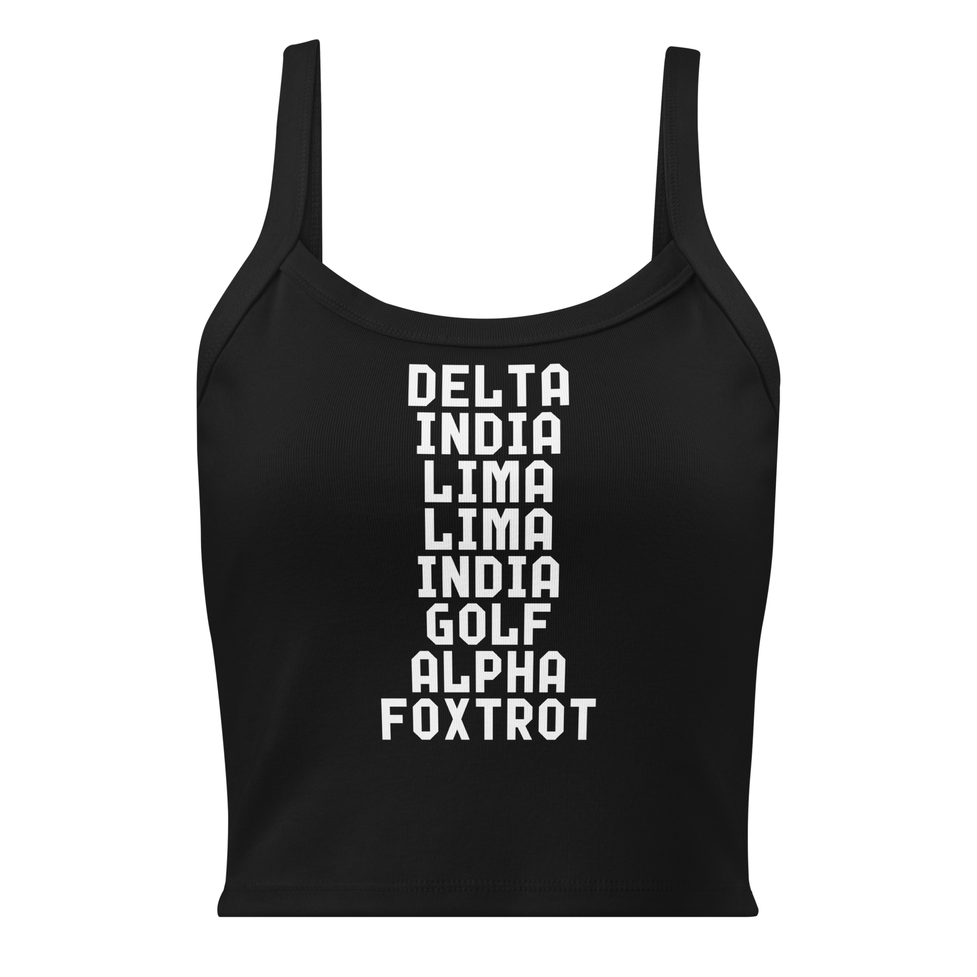"DILLIGAF" printed on a solid black blend women's micro-rib tanktop laying on a flat surface