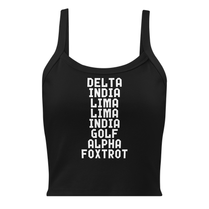 DILLIGAF in White on Women's Micro-Rib Tank Top (Bella+Canvas - 1012)