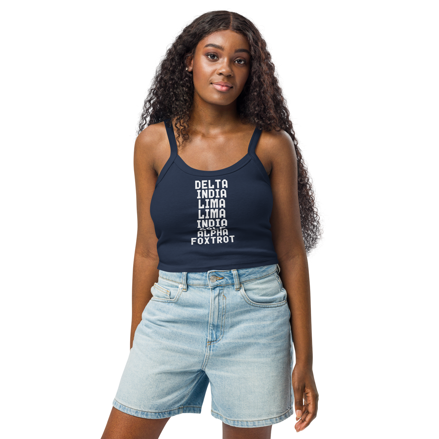 "DILLIGAF" printed on a solid navy blend women's micro-rib tanktop worn by a female