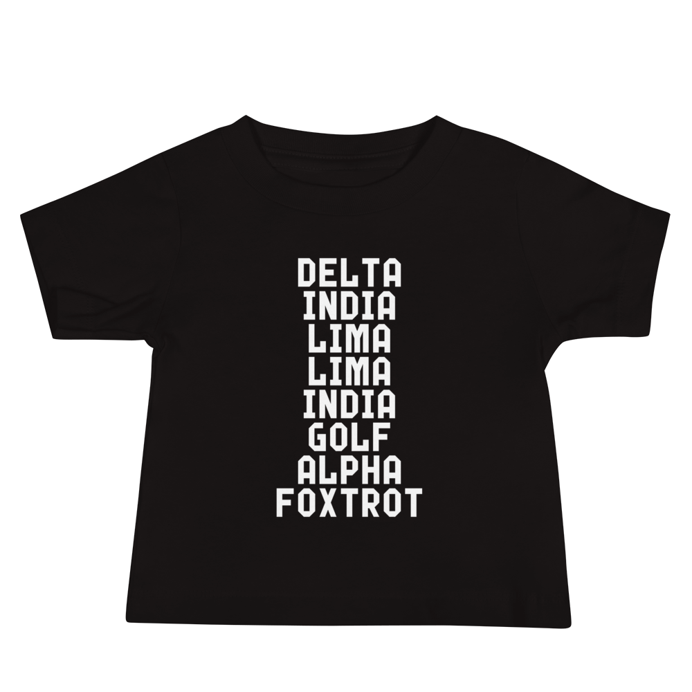 "DILLIGAF" printed on a black baby jersey short sleeve tee laying on a flat surface