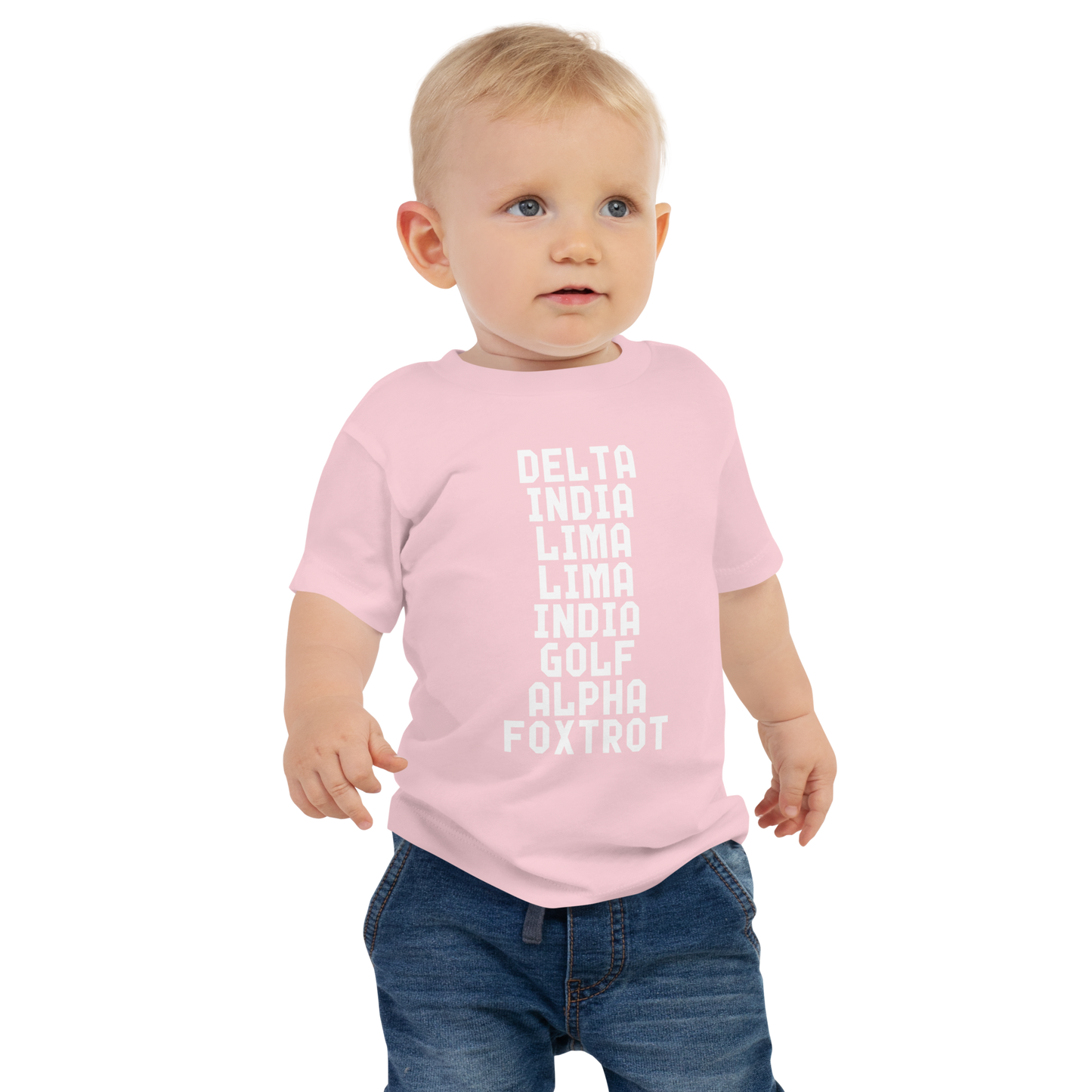 "DILLIGAF" printed on a pink baby jersey short sleeve tee worn by a male