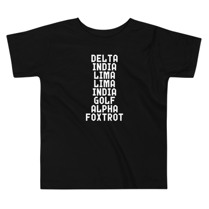 "DILLIGAF" printed on a black toddler short sleeve tee laying on a flat surface