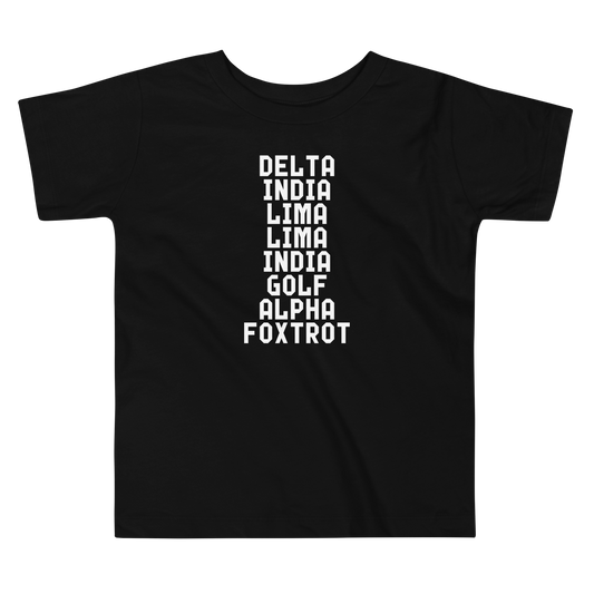 "DILLIGAF" printed on a black toddler short sleeve tee laying on a flat surface