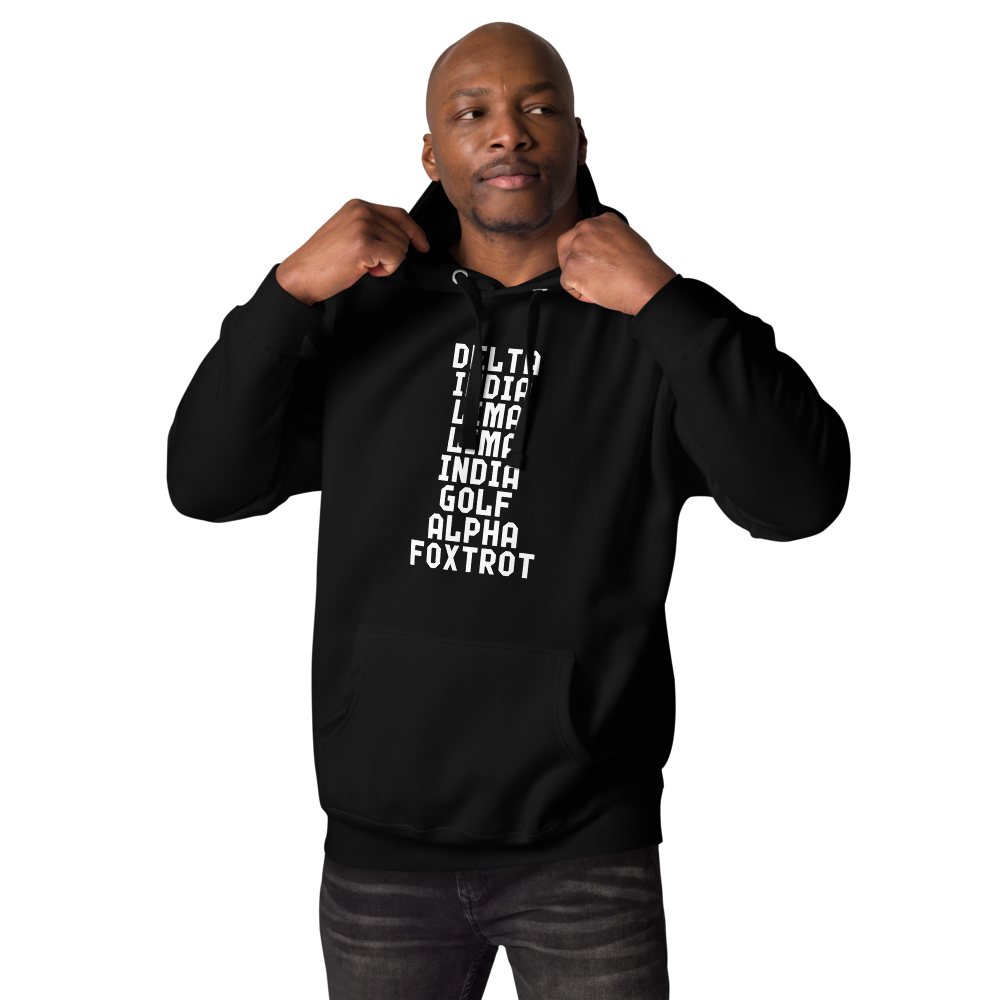 "DILLIGAF" printed on a black unisex hoodie worn by a male