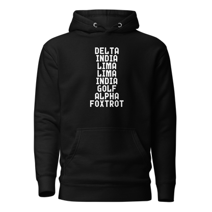 "DILLIGAF" printed on a black on an invisible / simulated body