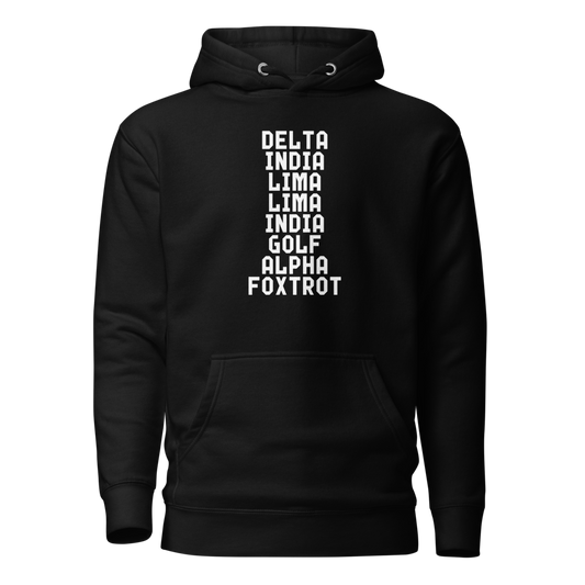 "DILLIGAF" printed on a black on an invisible / simulated body