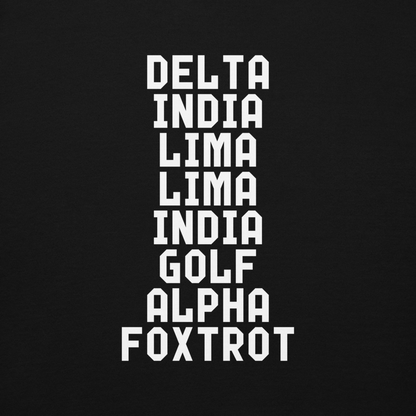 "DILLIGAF" printed on a black background