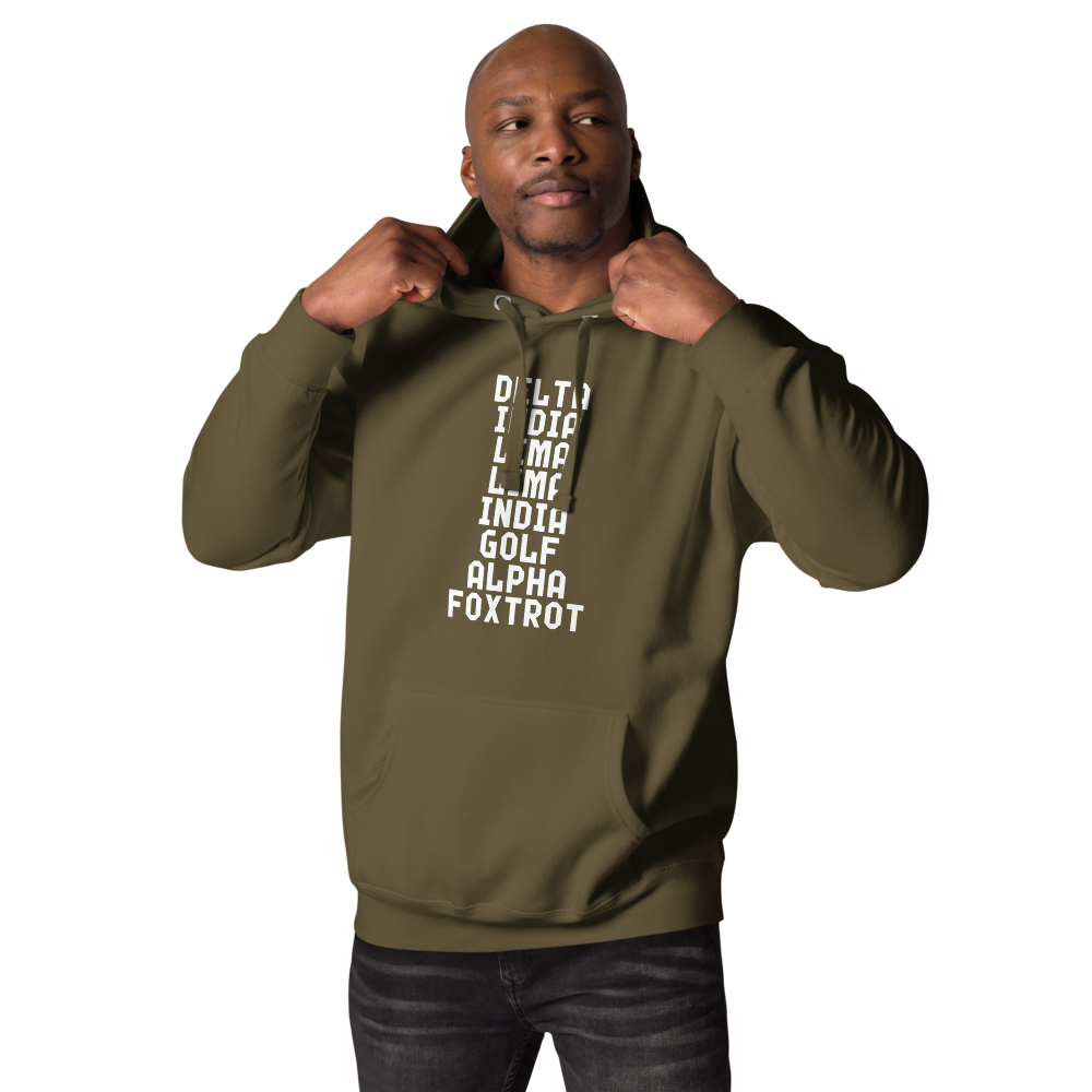 "DILLIGAF" printed on a military green unisex hoodie worn by a male