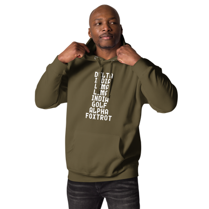 "DILLIGAF" printed on a military green unisex hoodie worn by a male